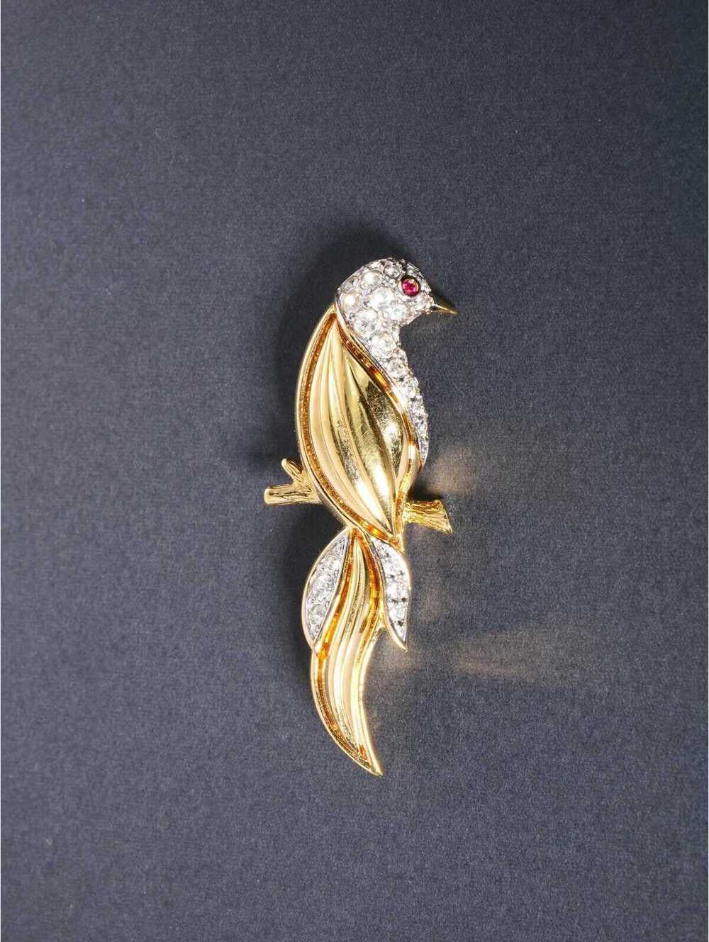 D'Orlan Gold Plated Crystal Bird Brooch, Rhinestone Branch Pin